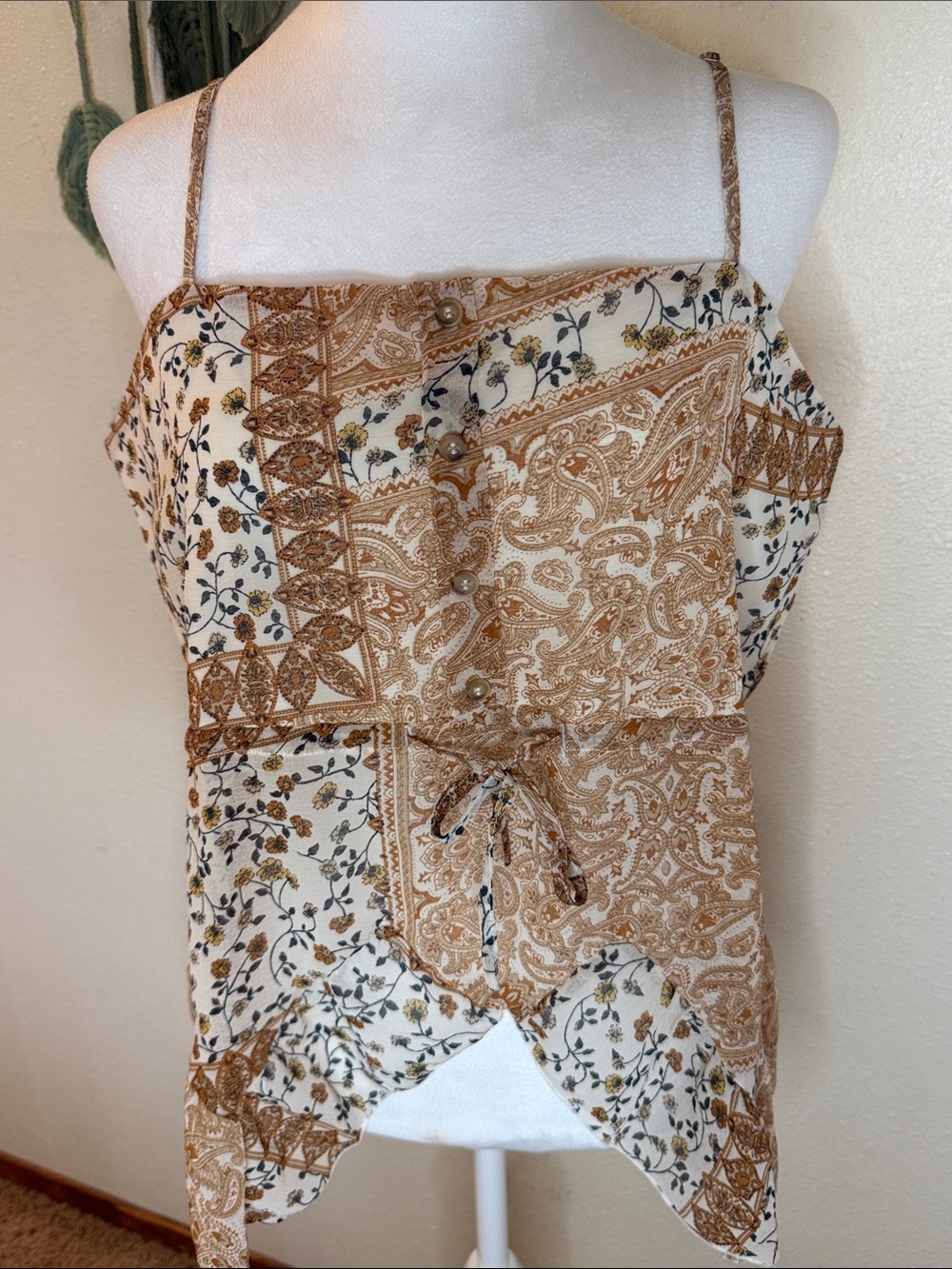 Boho Paisley & Floral Spaghetti-Strap Camisole - Cream & Brown